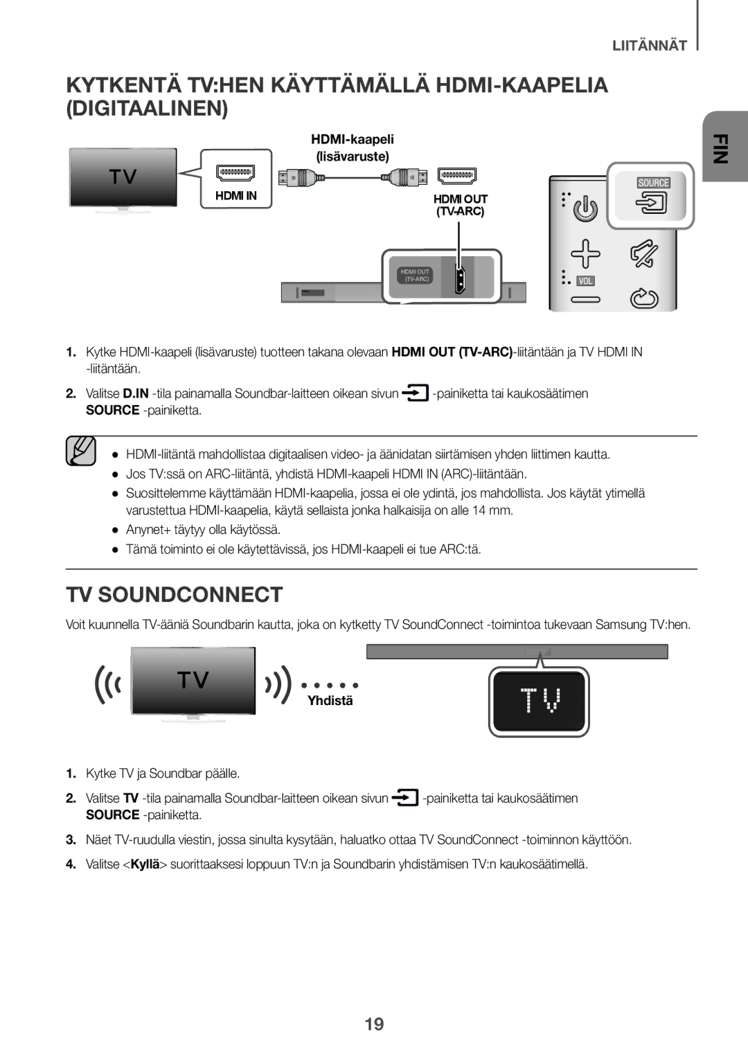 Samsung HW-K650/EN, HW-K651/EN Kytkentä TVhen käyttämällä HDMI-kaapelia Digitaalinen, Yhdistä, Kytke TV ja Soundbar päälle 