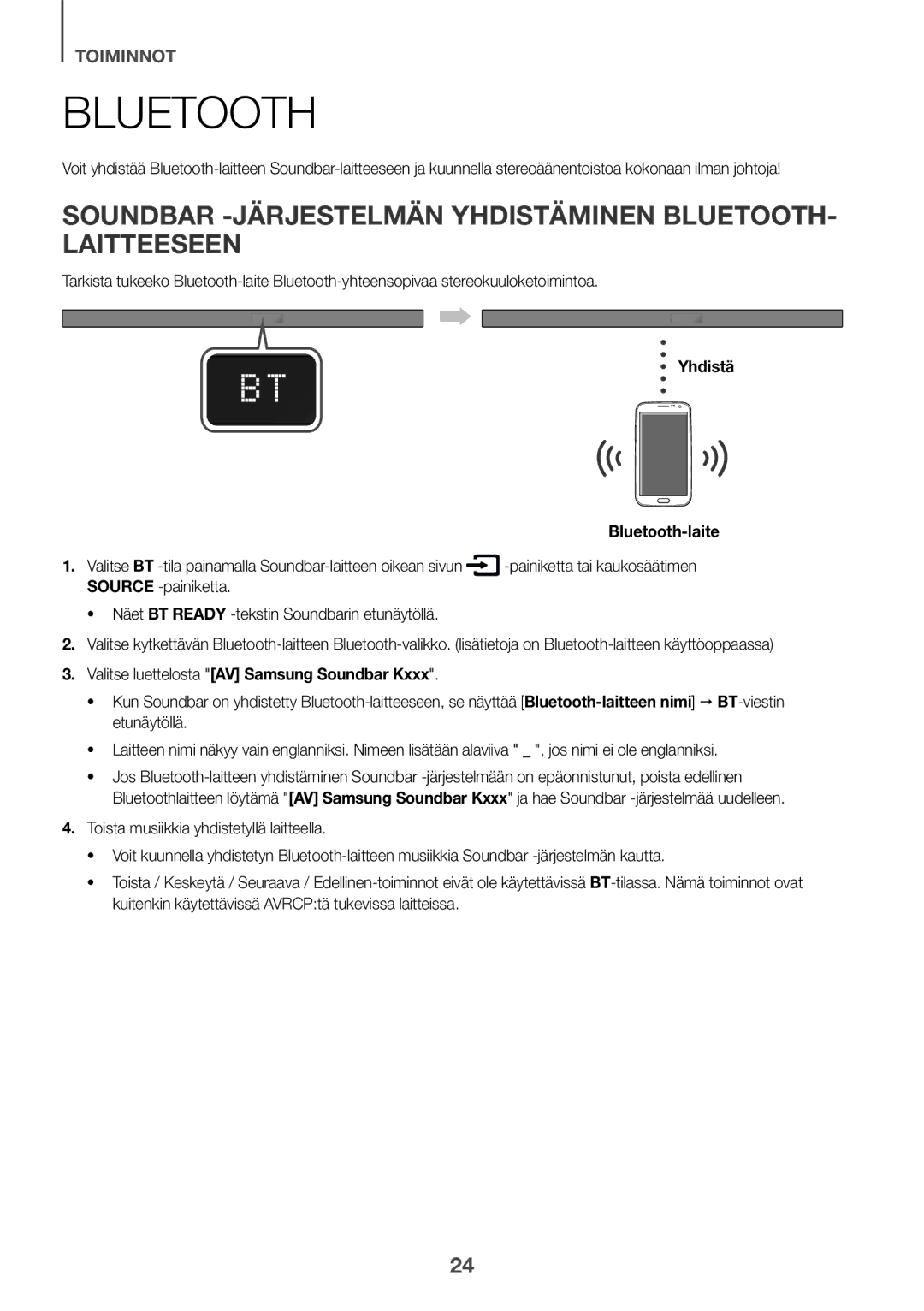 Samsung HW-K651/XN, HW-K651/EN, HW-K650/EN, HW-K651/ZF, HW-K650/ZF Soundbar -järjestelmän yhdistäminen Bluetooth- laitteeseen 