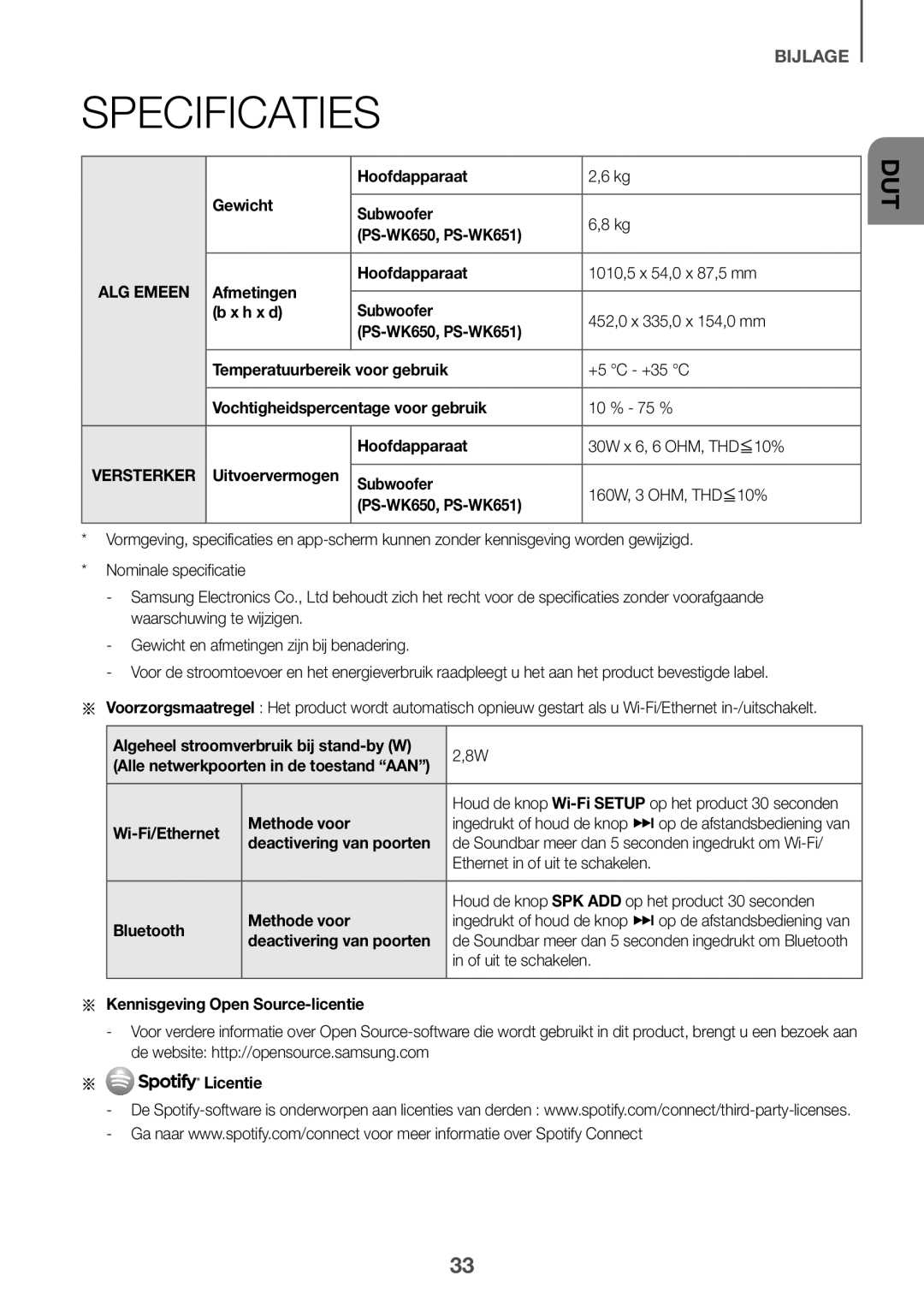 Samsung HW-K650/XN, HW-K651/EN, HW-K650/EN, HW-K651/ZF, HW-K650/ZF, HW-K660/XE, HW-K661/XE, HW-K651/XN manual Specificaties 