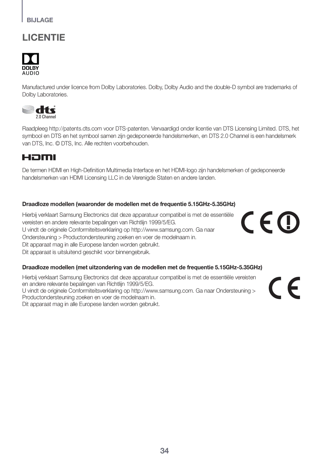 Samsung HW-K651/EN, HW-K650/EN, HW-K651/ZF, HW-K650/ZF Licentie, Dit apparaat mag in alle Europese landen worden gebruikt 