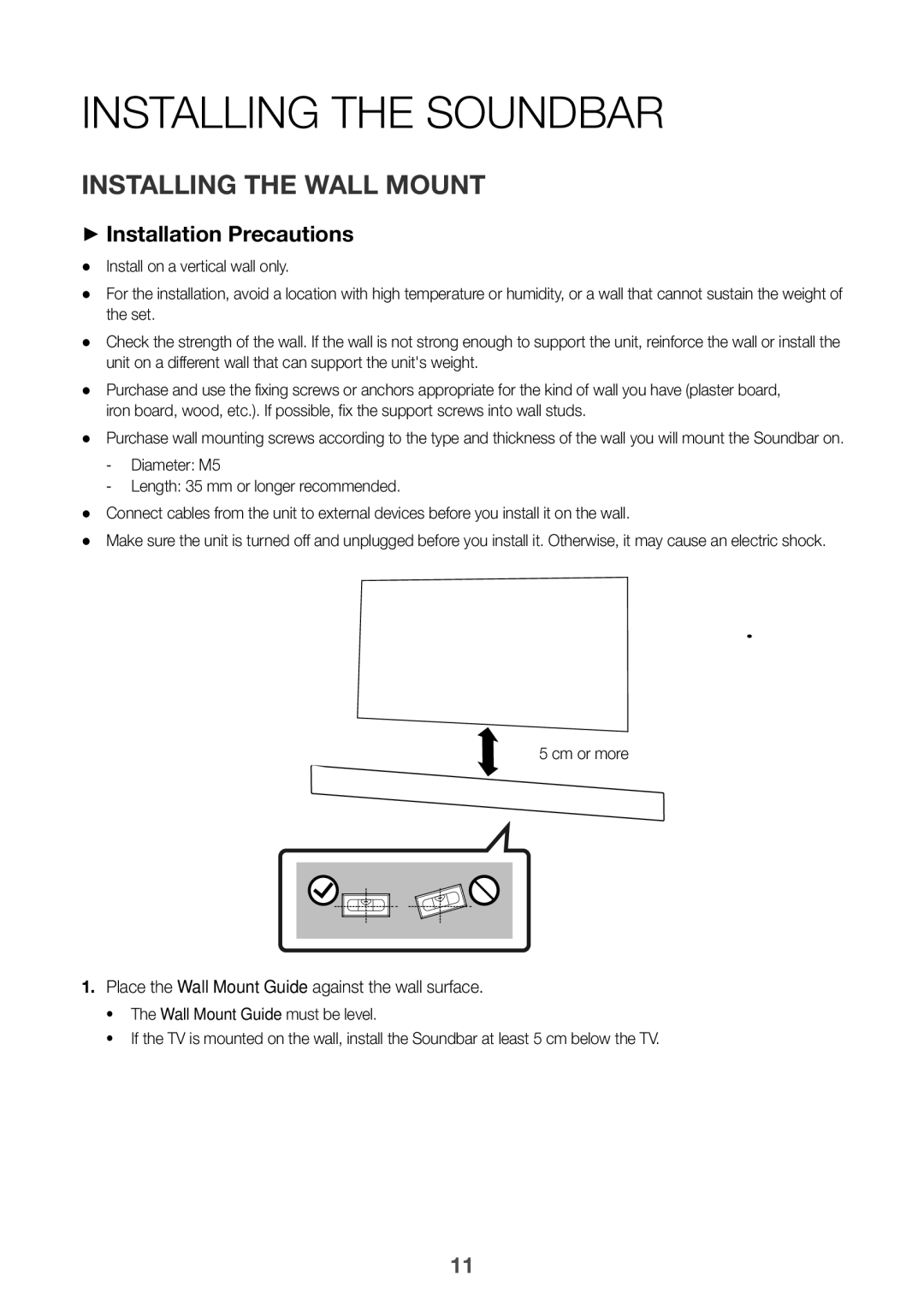 Samsung HW-K650/ZF, HW-K651/EN Installing the Soundbar, Installing the Wall Mount, ++Installation Precautions, Cm or more 