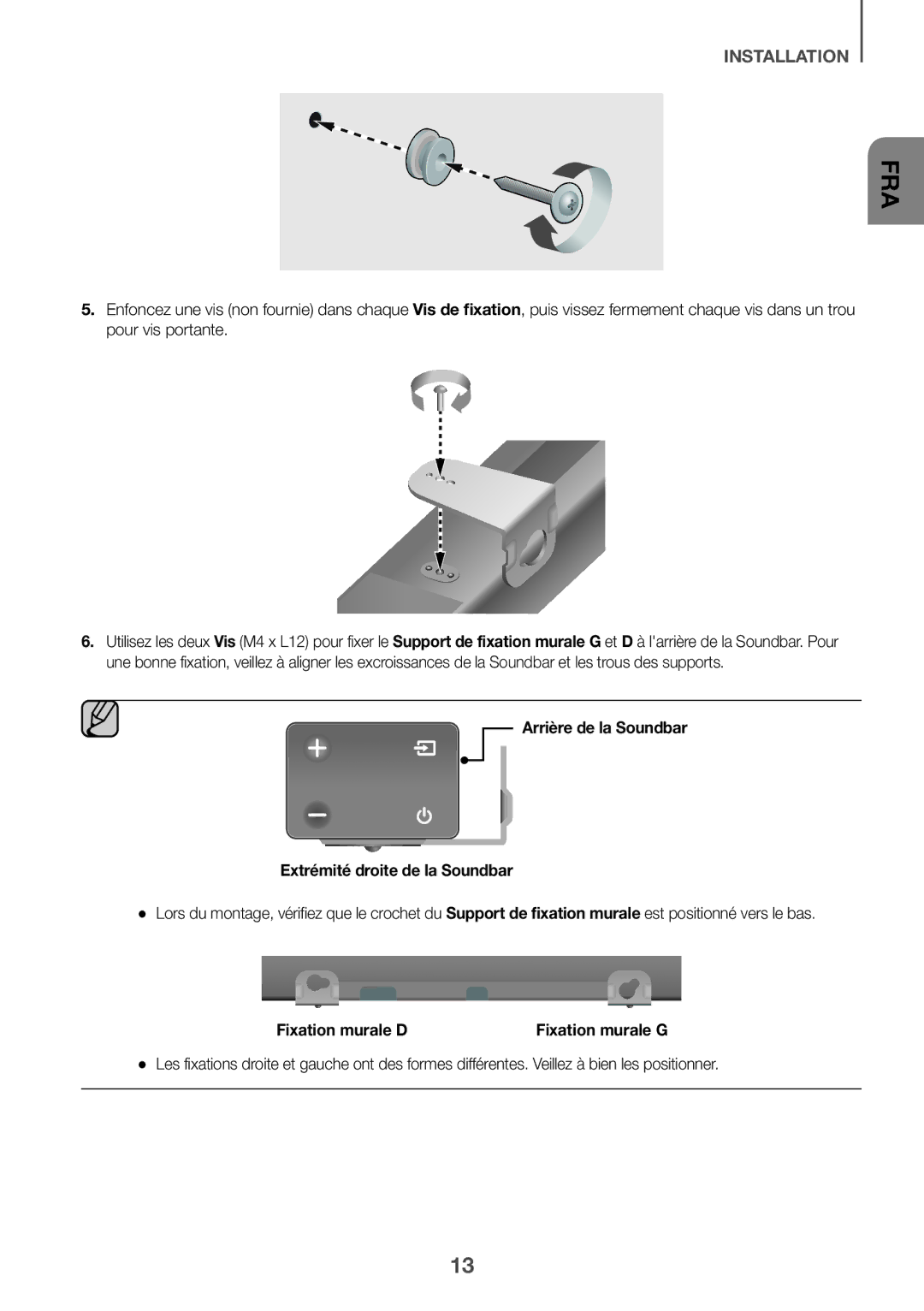 Samsung HW-K651/XN, HW-K651/EN, HW-K650/EN manual Arrière de la Soundbar Extrémité droite de la Soundbar, Fixation murale D 