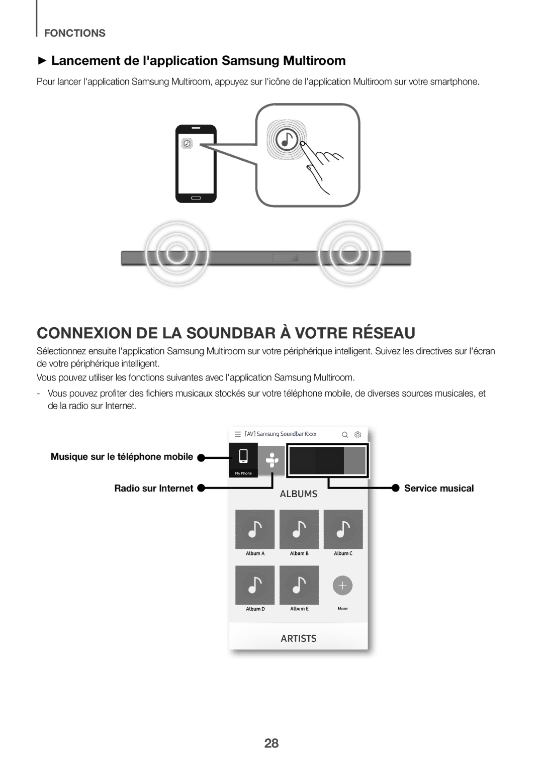 Samsung HW-K661/XE Connexion de la Soundbar à votre réseau, ++Lancement de lapplication Samsung Multiroom, Service musical 