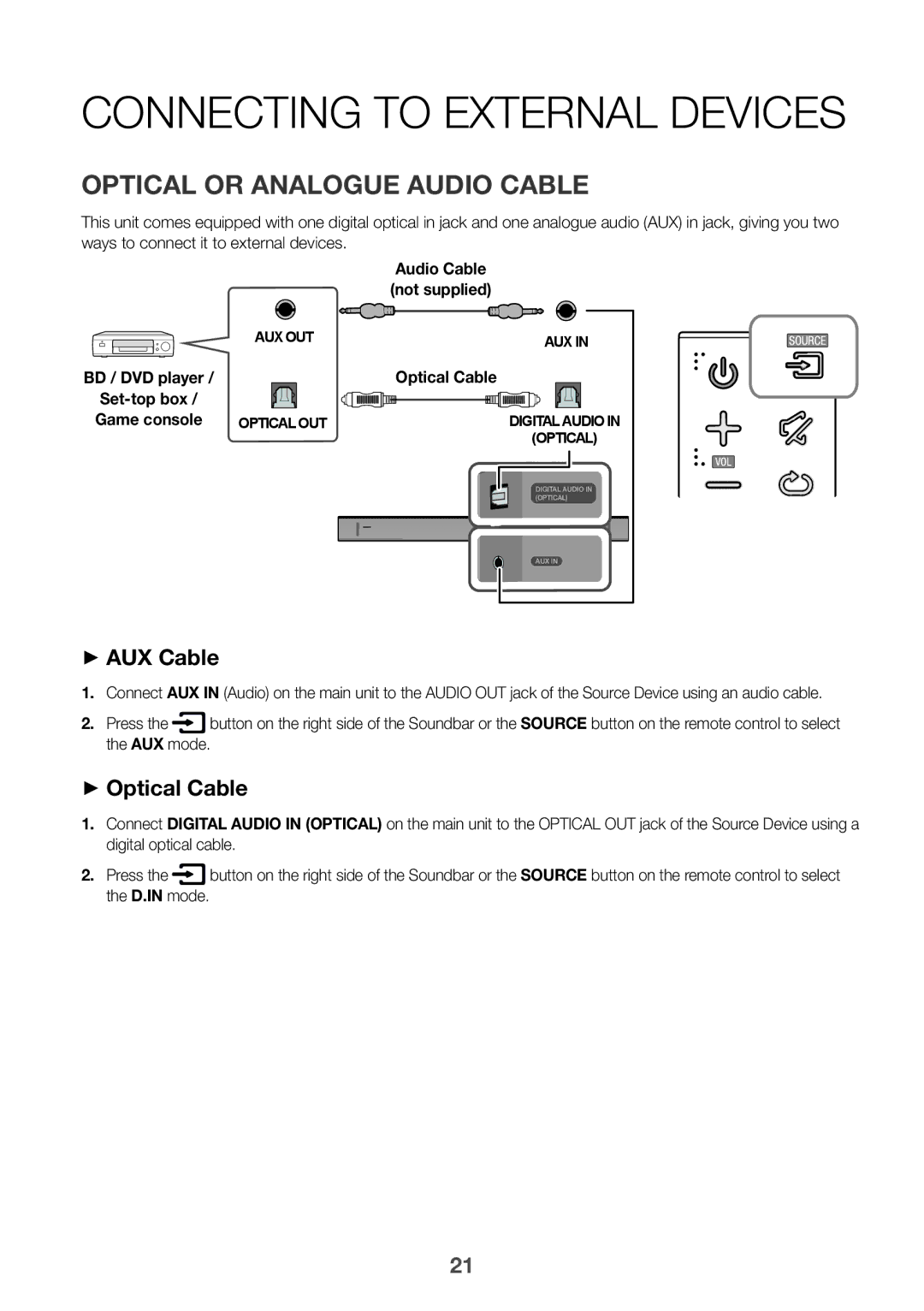 Samsung HW-K661/XE manual Connecting to External Devices, Optical or Analogue Audio Cable, ++AUX Cable, ++Optical Cable 