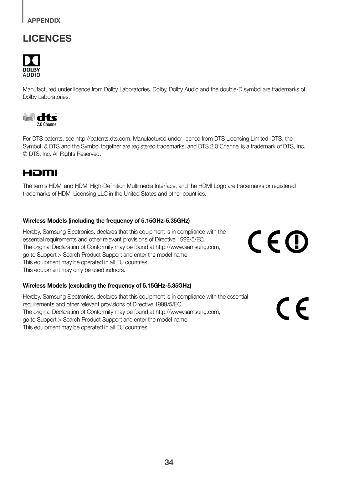 Samsung HW-K651/ZF, HW-K651/EN, HW-K650/EN, HW-K650/ZF Licences, Wireless Models including the frequency of 5.15GHz-5.35GHz 