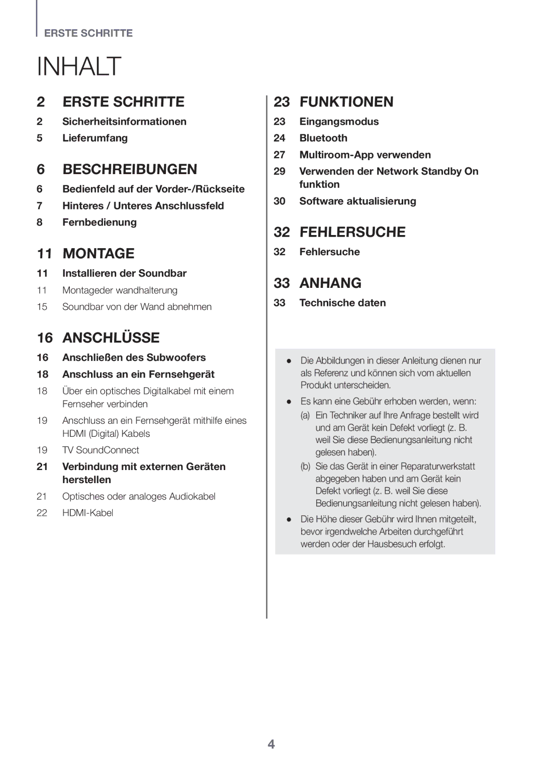 Samsung HW-K650/XN, HW-K651/EN, HW-K650/EN, HW-K651/ZF manual Inhalt, Montageder wandhalterung Soundbar von der Wand abnehmen 