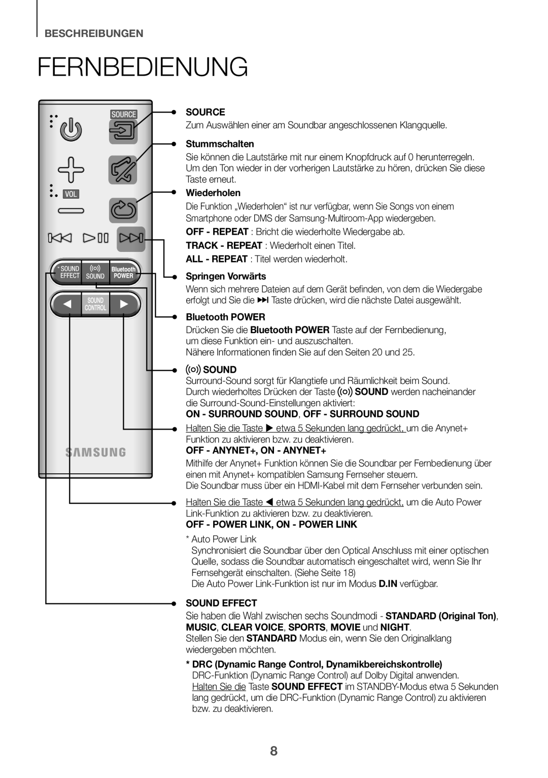 Samsung HW-K650/ZF, HW-K651/EN, HW-K650/EN, HW-K651/ZF manual Fernbedienung, Stummschalten, Wiederholen, Springen Vorwärts 