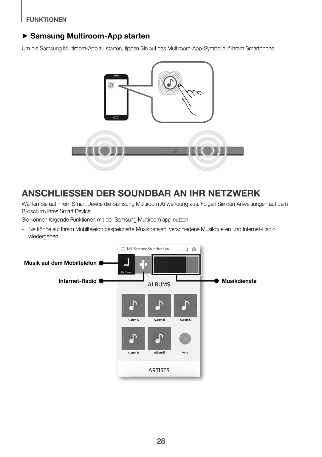 Samsung HW-K650/XN, HW-K651/EN, HW-K650/EN manual AnschlieSSen der Soundbar an Ihr Netzwerk, ++Samsung Multiroom-App starten 