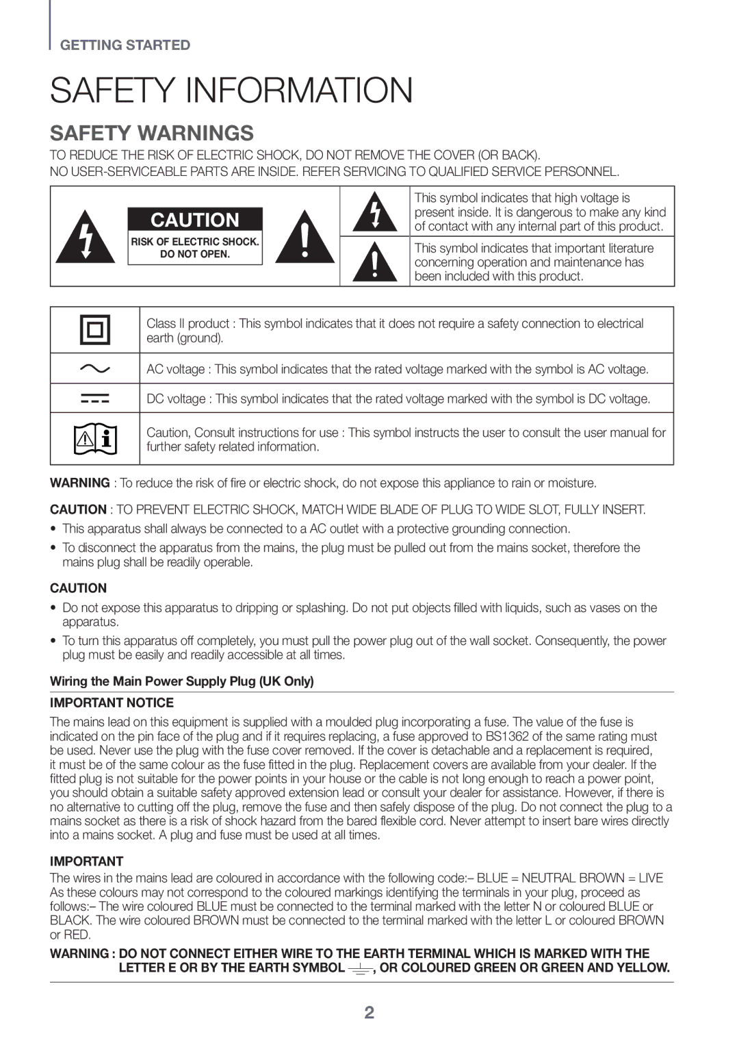 Samsung HW-K651/ZF, HW-K651/EN, HW-K650/EN Safety Information, Safety Warnings, Wiring the Main Power Supply Plug UK Only 