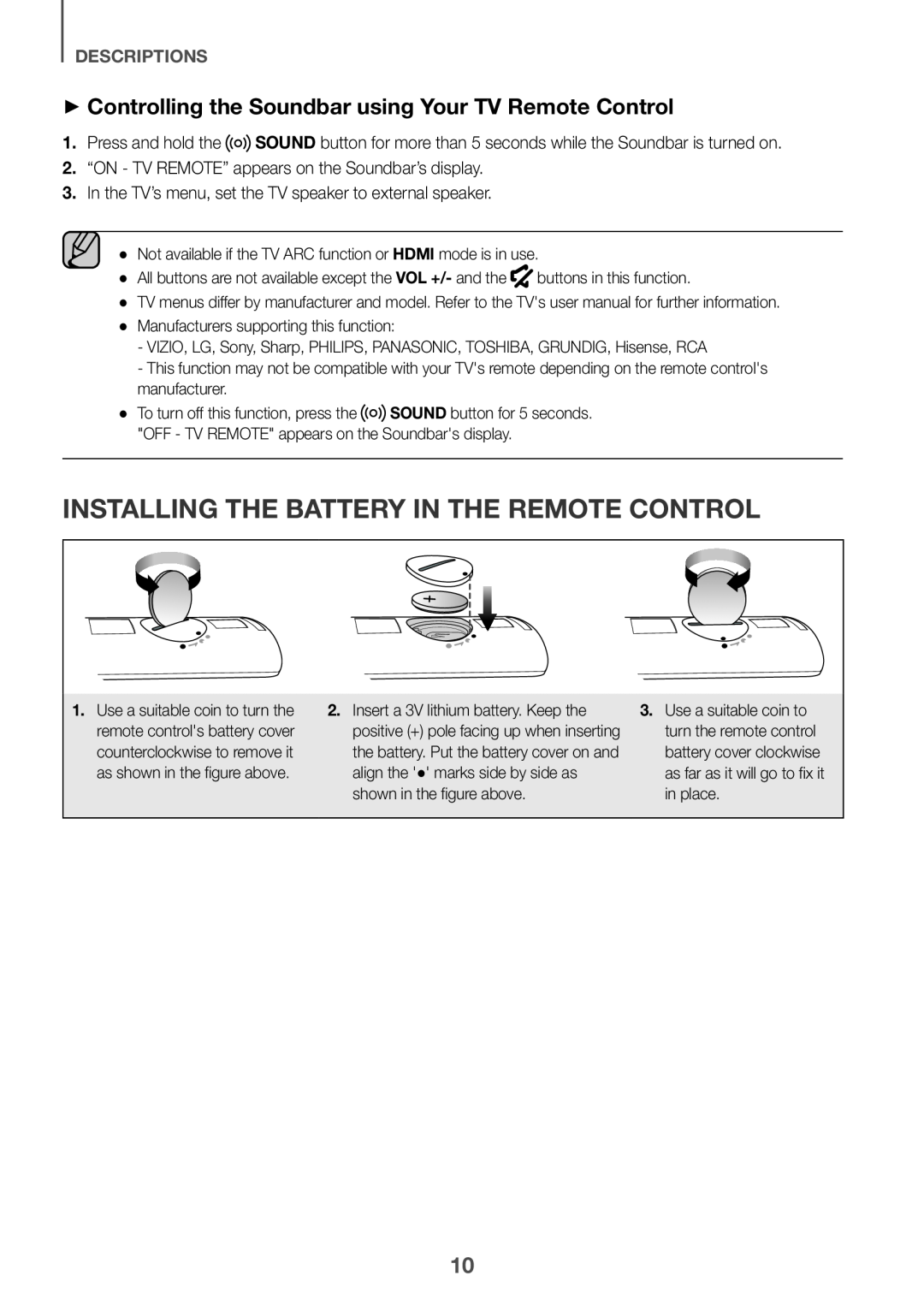 Samsung HW-K651/ZF Installing the Battery in the Remote Control, ++Controlling the Soundbar using Your TV Remote Control 