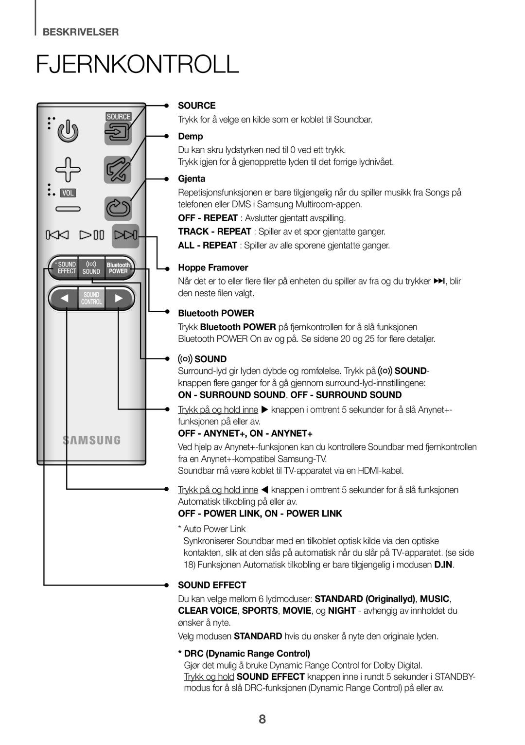Samsung HW-K650/EN Fjernkontroll, beskrivelser, Source, Demp, Gjenta, Hoppe Framover, Bluetooth POWER, Sound Effect 
