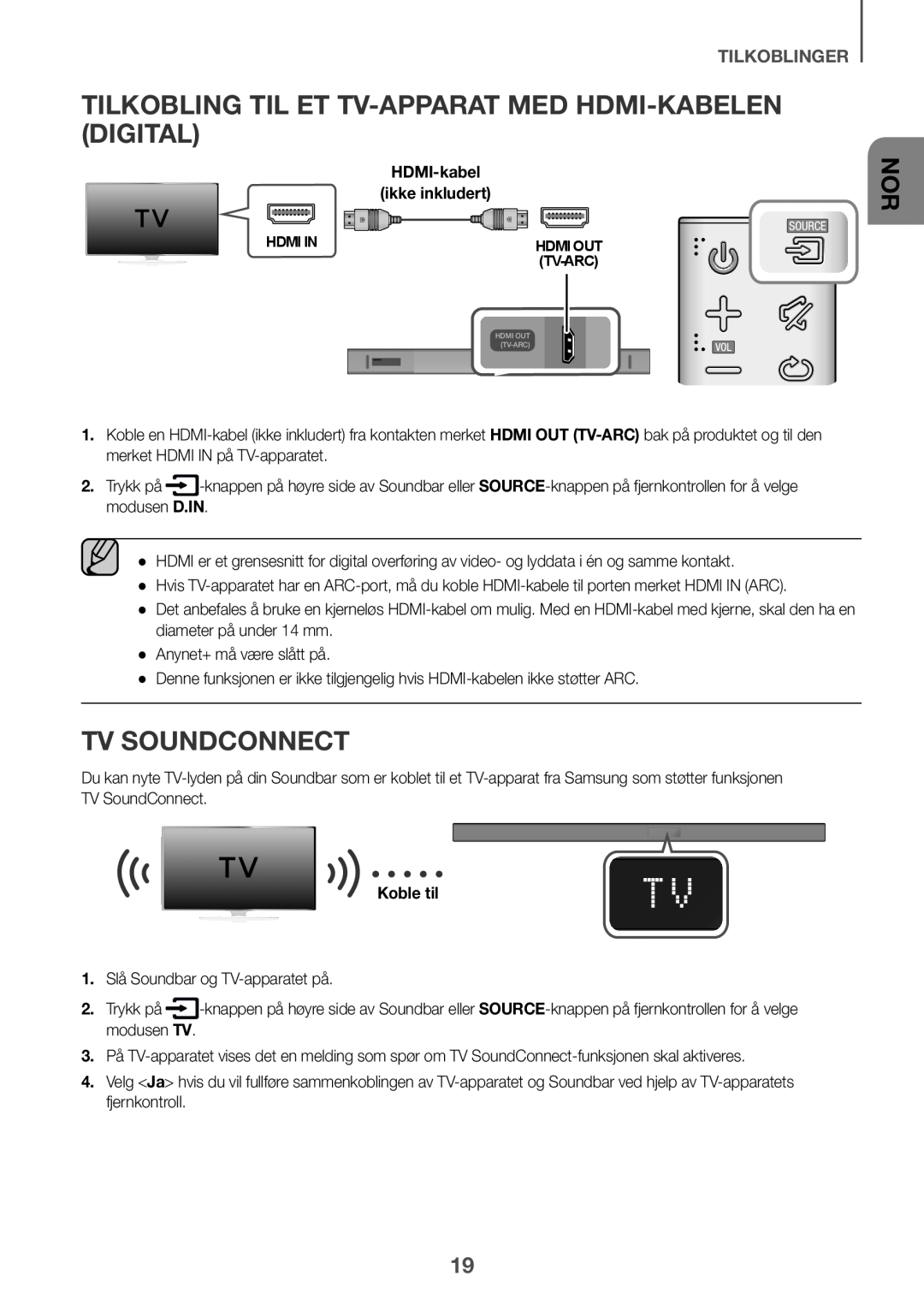 Samsung HW-K660/XE manual Tilkobling til et TV-apparat med HDMI-kabelen digital, TV SoundConnect, tilkoblinger, Koble til 