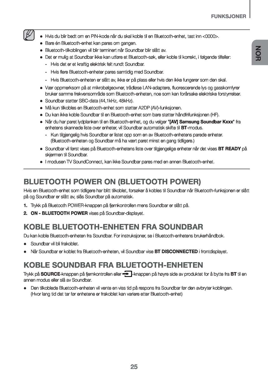 Samsung HW-K651/ZF, HW-K651/EN manual Koble Bluetooth-enheten fra Soundbar, Koble Soundbar fra Bluetooth-enheten, funksjoner 