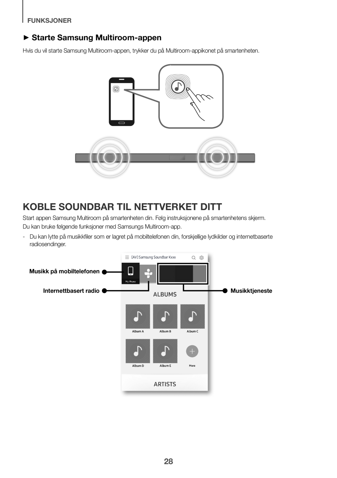 Samsung HW-K661/XE manual Koble Soundbar til nettverket ditt, ++Starte Samsung Multiroom-appen, funksjoner, Musikktjeneste 