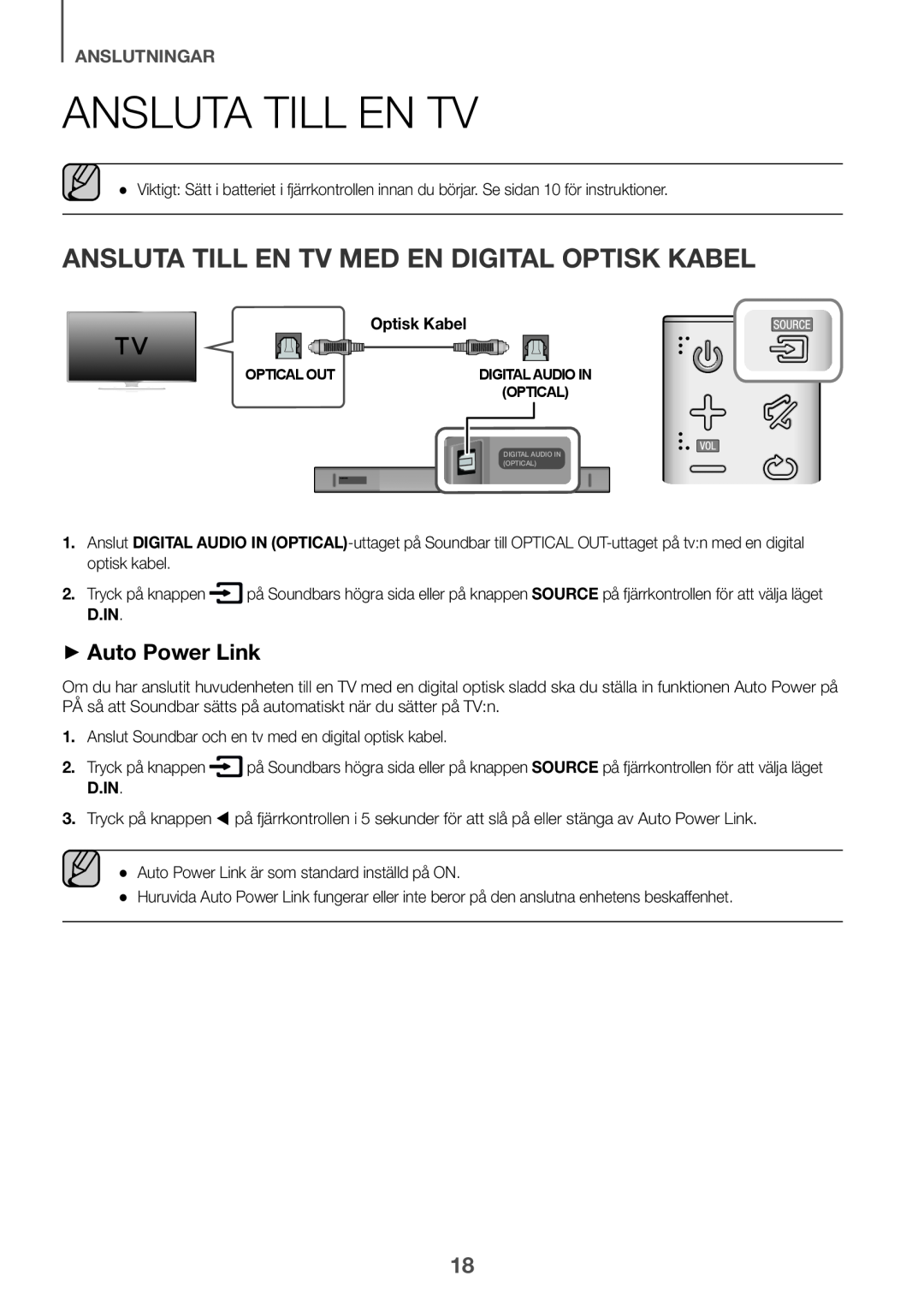 Samsung HW-K651/XN Ansluta till en TV, Ansluta till en tv med en digital optisk kabel, ++Auto Power Link, anslutningar 