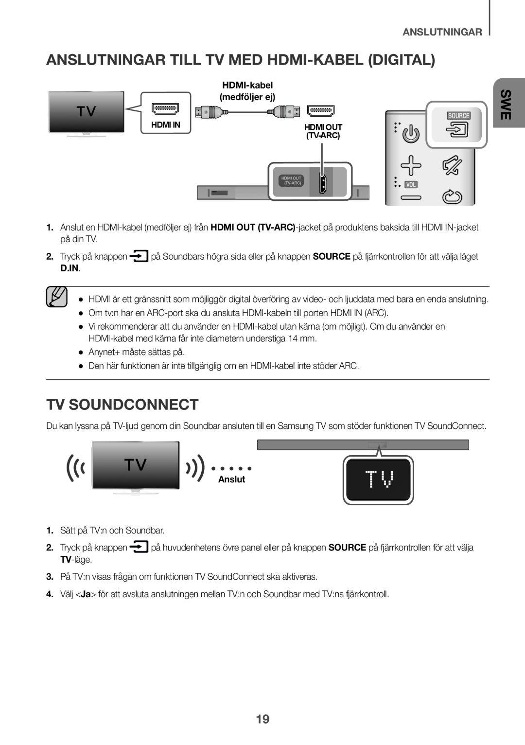 Samsung HW-K650/XN, HW-K651/EN, HW-K650/EN Anslutningar till tv med HDMI-kabel Digital, TV SoundConnect, anslutningar, D.In 