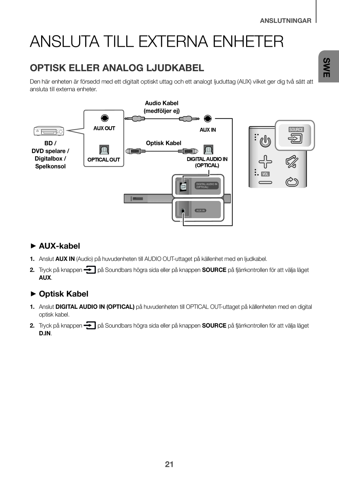 Samsung HW-K650/EN Ansluta till externa enheter, Optisk eller analog ljudkabel, ++AUX-kabel, ++Optisk Kabel, anslutningar 