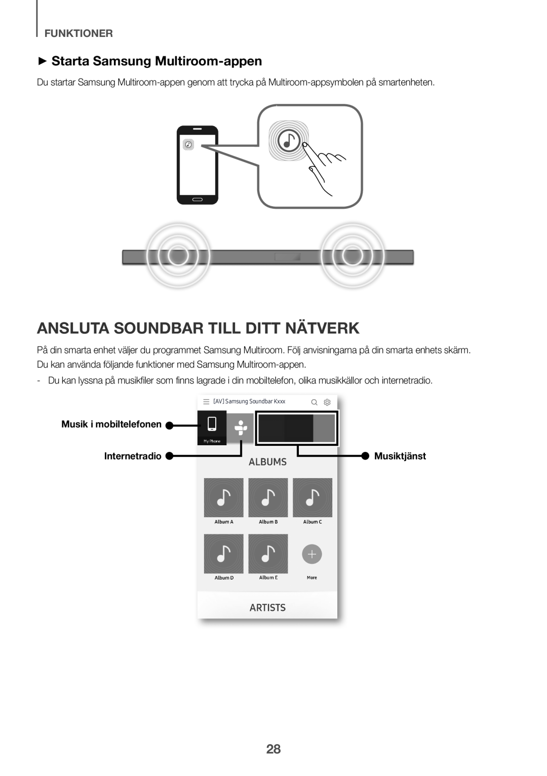 Samsung HW-K651/EN manual Ansluta Soundbar till ditt nätverk, ++Starta Samsung Multiroom-appen, funktioner, Musiktjänst 
