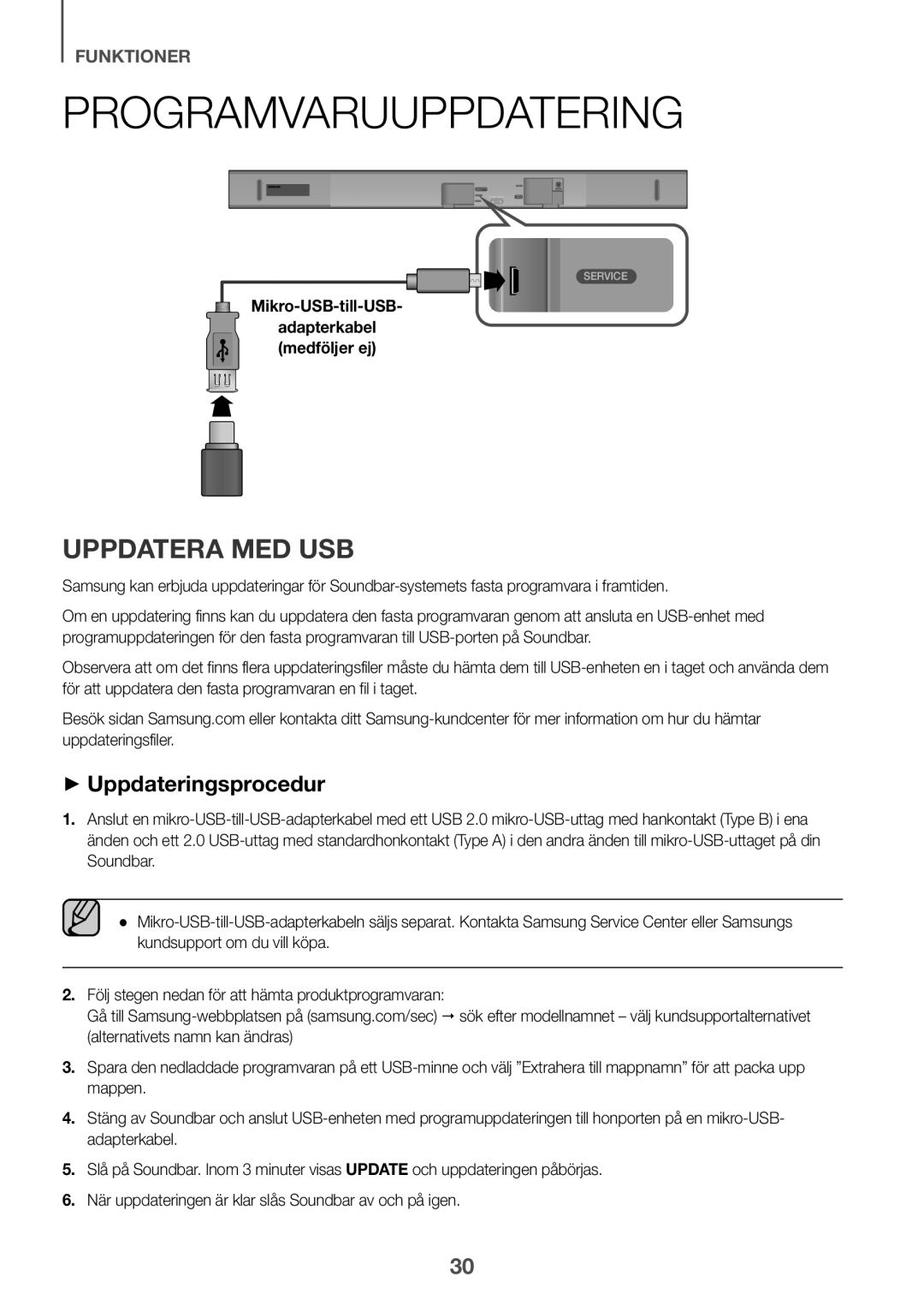 Samsung HW-K651/ZF manual Programvaruuppdatering, Uppdatera med USB, ++Uppdateringsprocedur, funktioner, Mikro-USB-till-USB 