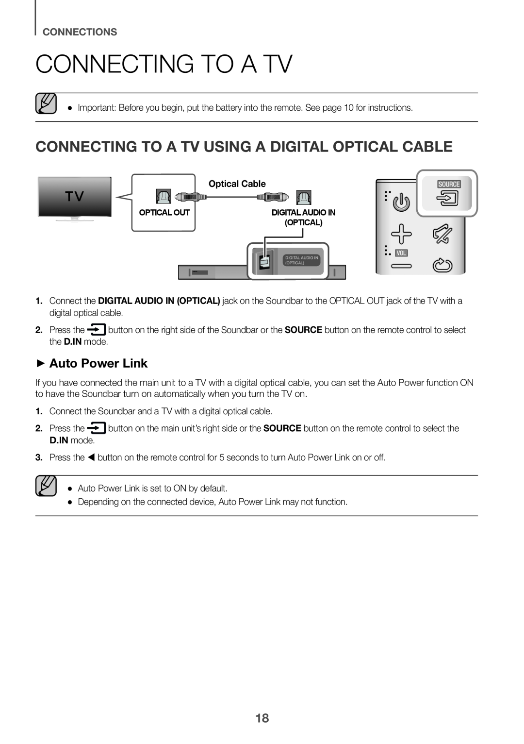 Samsung HW-K651/ZF manual Connecting to a TV Using a Digital Optical Cable, ++Auto Power Link, Connections, D.IN mode 