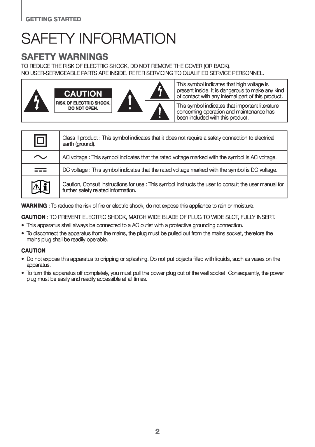Samsung HW-K651/ZF, HW-K651/EN, HW-K650/EN, HW-K650/ZF, HW-K660/XE manual Safety Information, Safety Warnings, Getting Started 