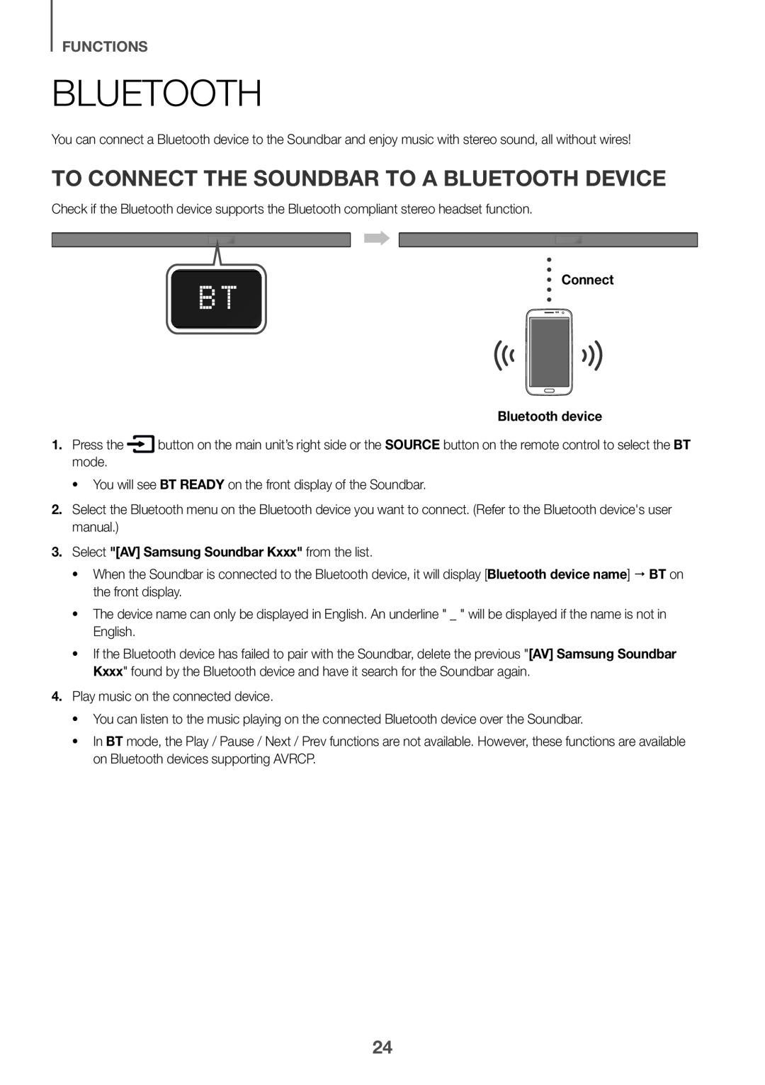 Samsung HW-K651/EN, HW-K650/EN, HW-K651/ZF, HW-K650/ZF To connect the Soundbar to a Bluetooth device, Functions, Connect 