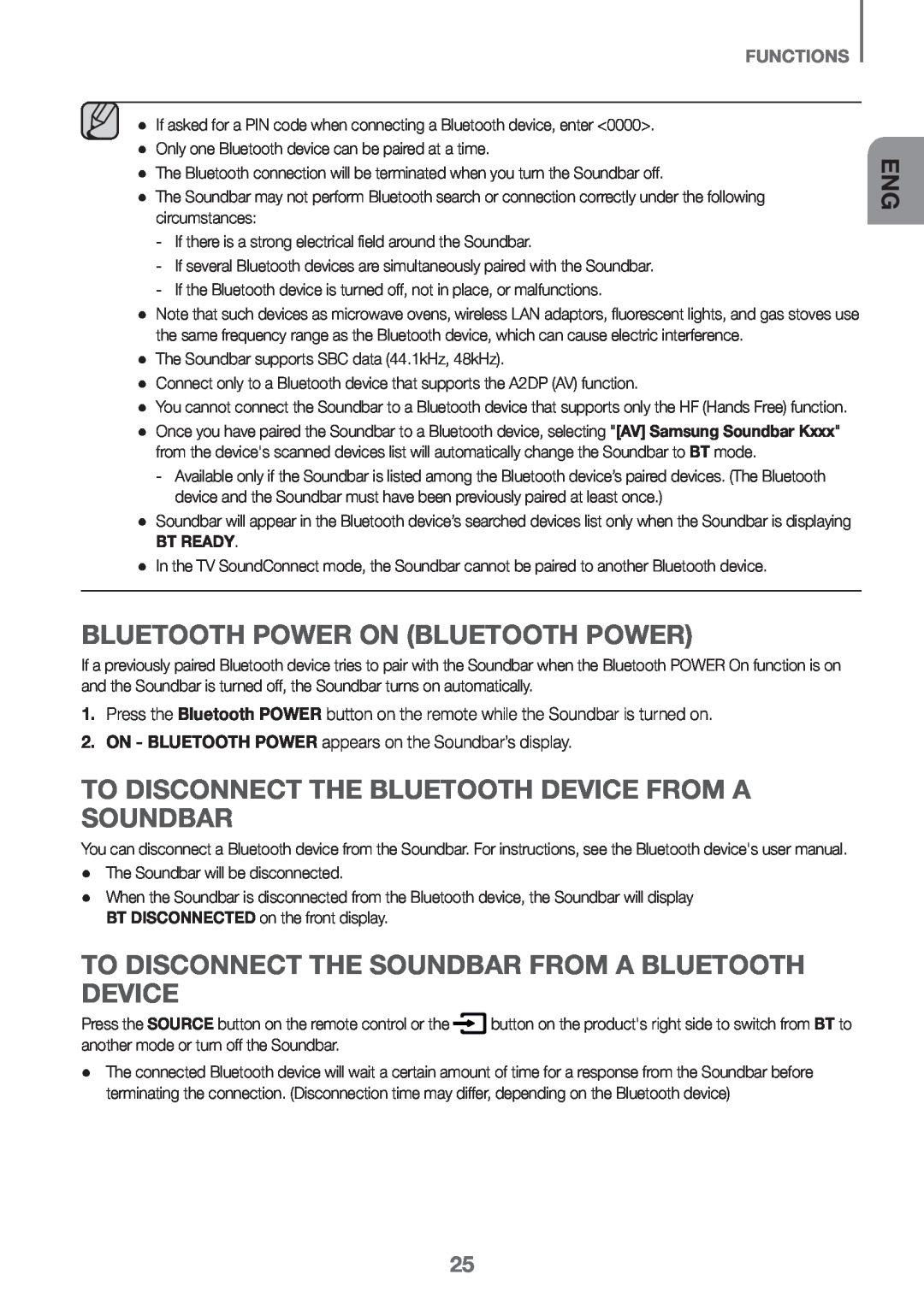 Samsung HW-K650/EN manual Bluetooth POWER On Bluetooth POWER, To disconnect the Bluetooth device from A Soundbar, Functions 