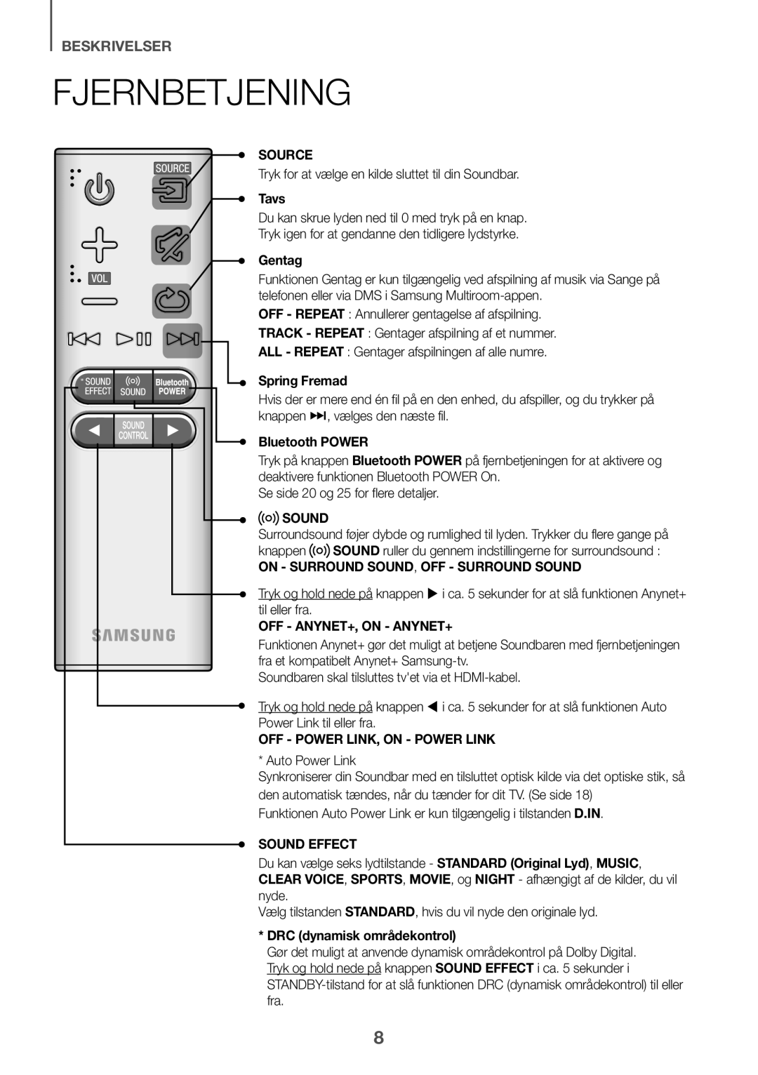 Samsung HW-K650/ZF Fjernbetjening, beskrivelser, Source, Tavs, Gentag, Spring Fremad, Bluetooth POWER, Sound Effect 