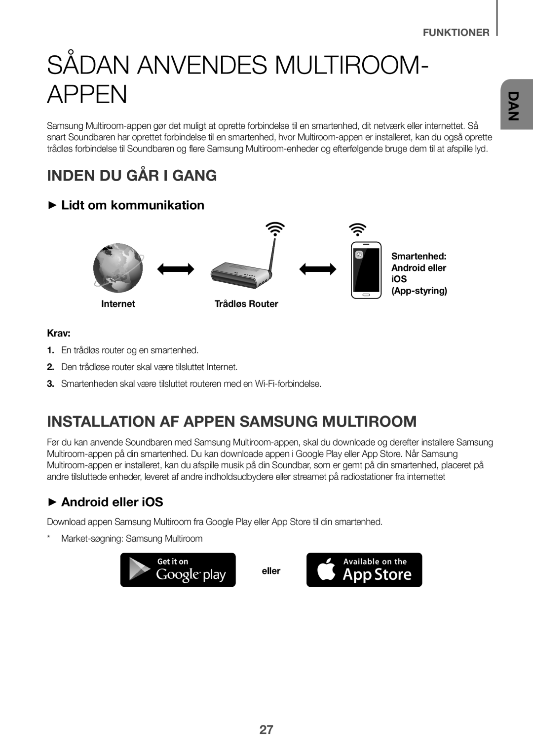 Samsung HW-K651/XN Sådan anvendes Multiroom- appen, Inden du går i gang, Installation af appen Samsung Multiroom, Internet 