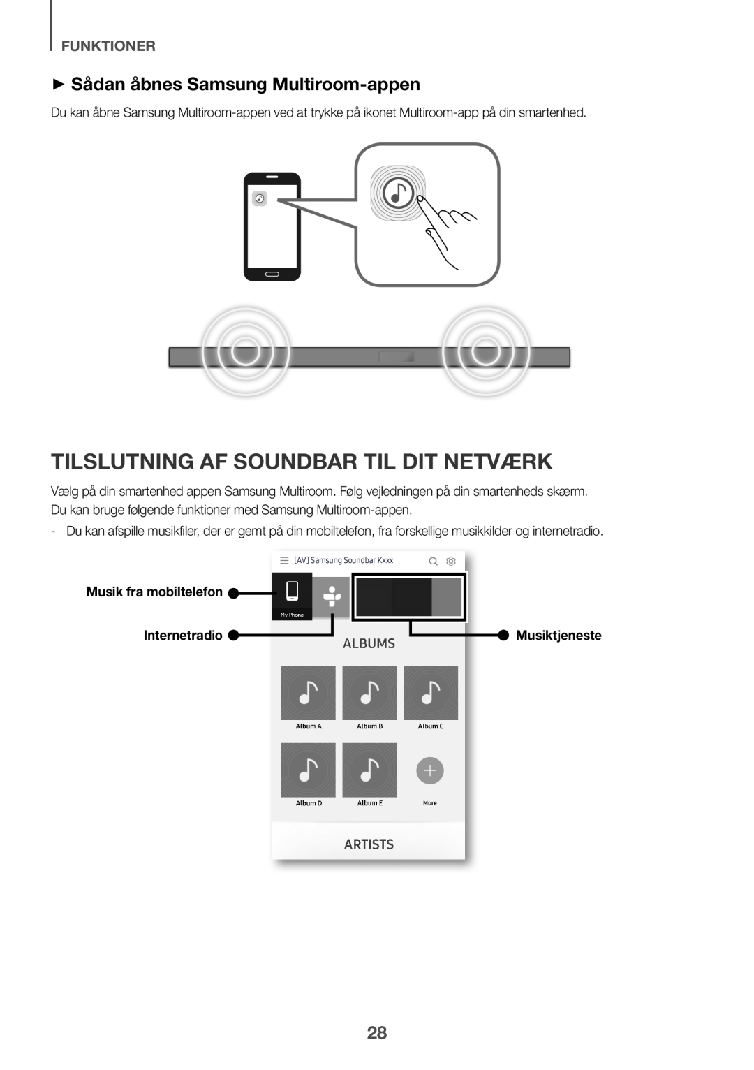 Samsung HW-K650/XN, HW-K651/EN Tilslutning af Soundbar til dit netværk, ++Sådan åbnes Samsung Multiroom-appen, funktioner 