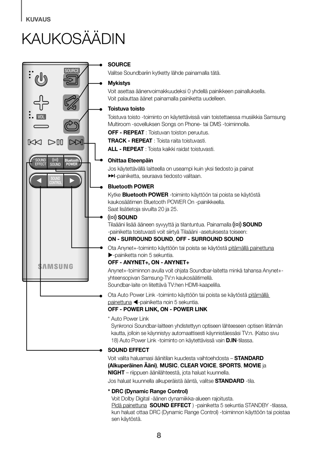 Samsung HW-K651/XN manual Kaukosäädin, kuvaus, Source, Mykistys, Toistuva toisto, Ohittaa Eteenpäin, Bluetooth POWER, Sound 