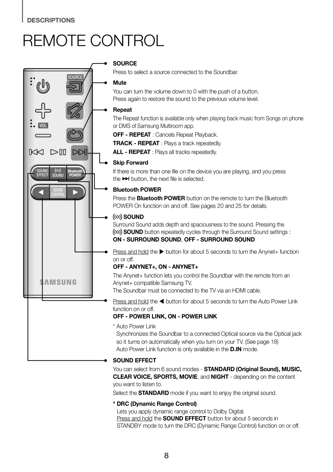 Samsung HW-K651/EN Remote Control, Descriptions, Source, Mute, Repeat, Skip Forward, Bluetooth POWER, Sound Effect 