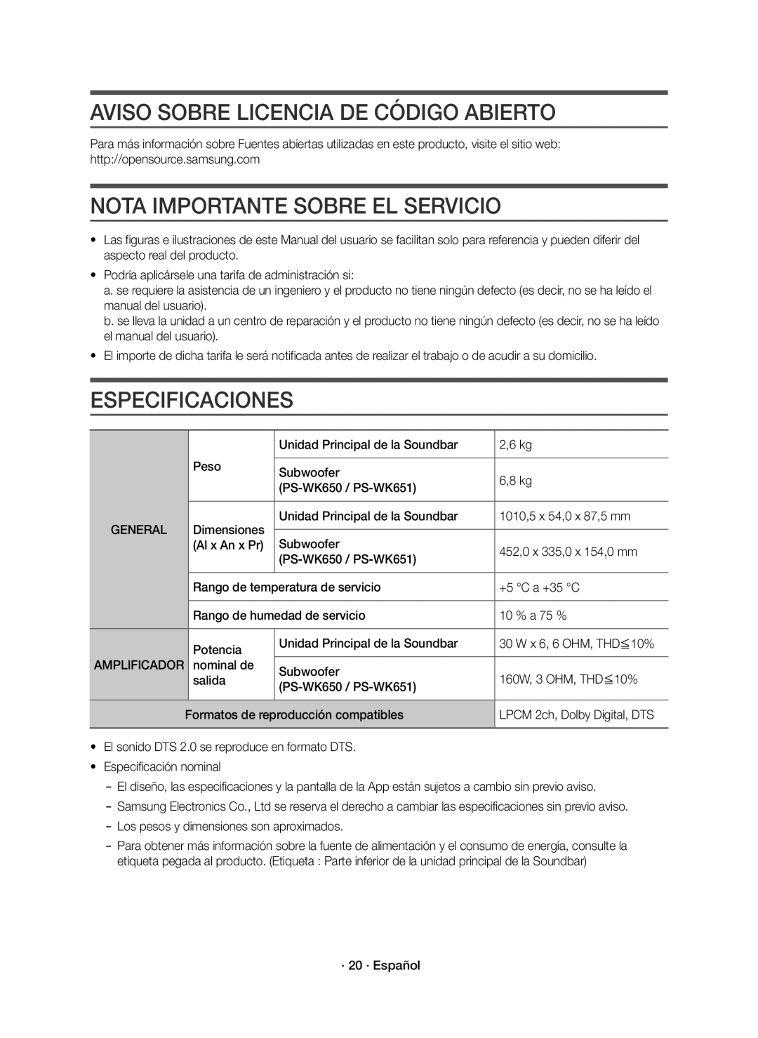 Samsung HW-K651/ZF, HW-K650/ZF Aviso Sobre Licencia DE Código Abierto, Nota Importante Sobre EL Servicio, Especificaciones 