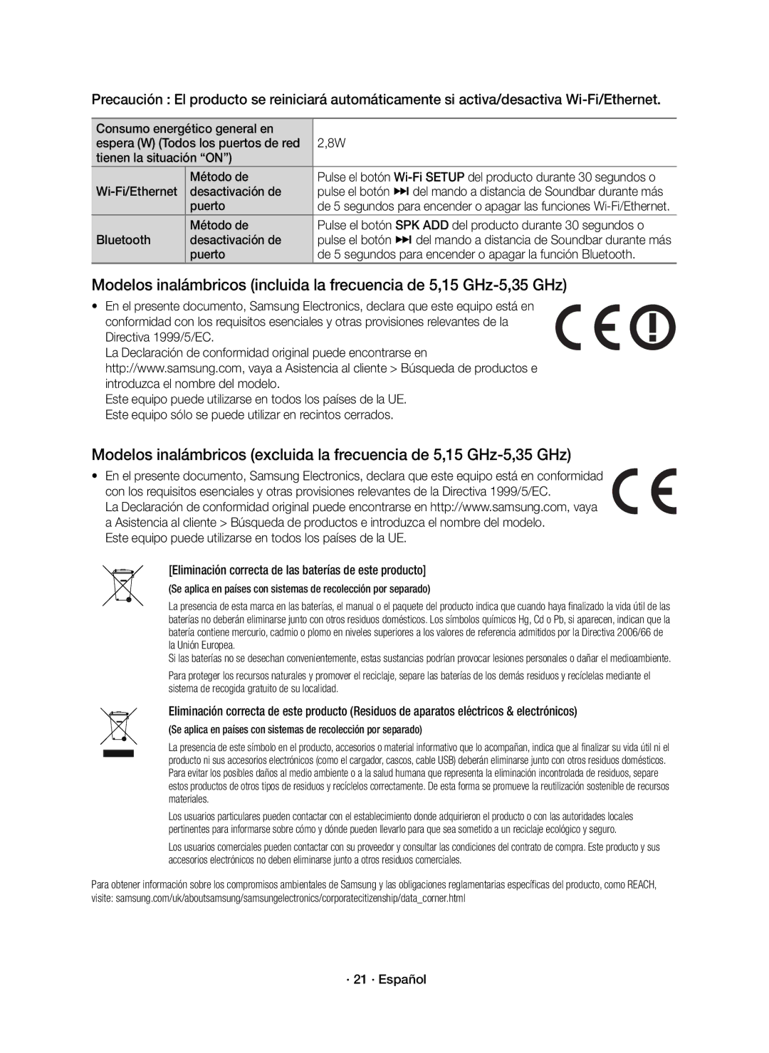 Samsung HW-K650/ZF manual Consumo energético general en, Tienen la situación on Wi-Fi/Ethernet Método de, Desactivación de 