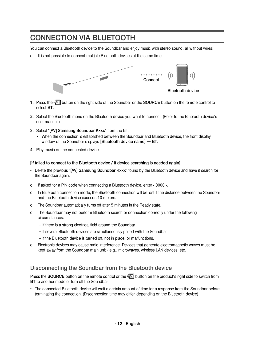 Samsung HW-K651/ZF manual Connection VIA Bluetooth, Disconnecting the Soundbar from the Bluetooth device, · 12 · English 