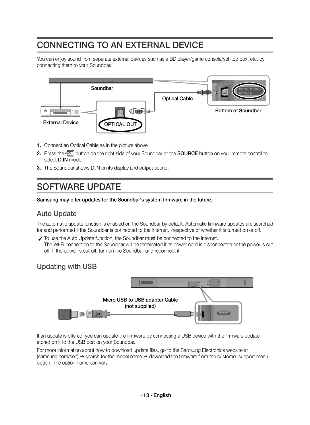 Samsung HW-K650/ZF, HW-K651/ZF manual Connecting to AN External Device, Software Update, Auto Update, Updating with USB 