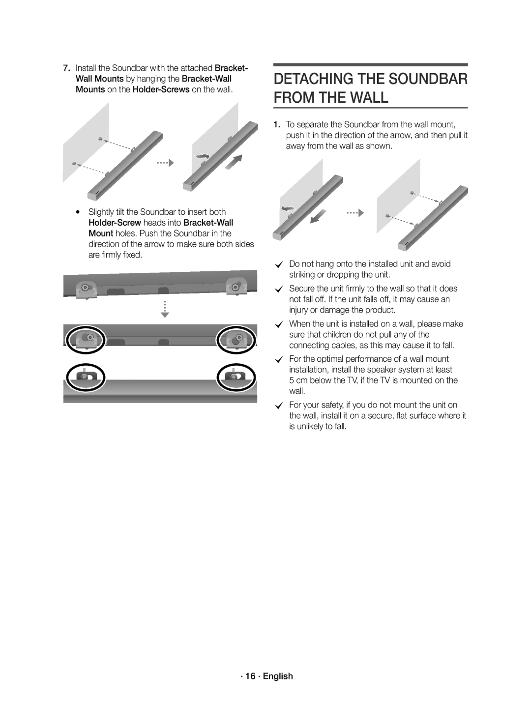 Samsung HW-K651/ZF, HW-K650/ZF manual Detaching the Soundbar from the Wall 