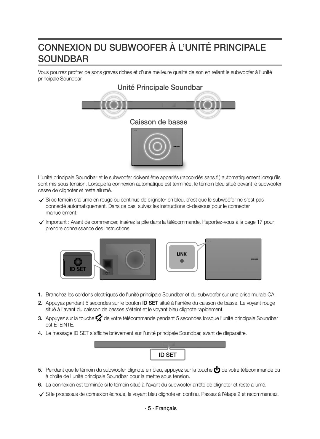 Samsung HW-K650/ZF manual Connexion DU Subwoofer À L’UNITÉ Principale Soundbar, Unité Principale Soundbar Caisson de basse 