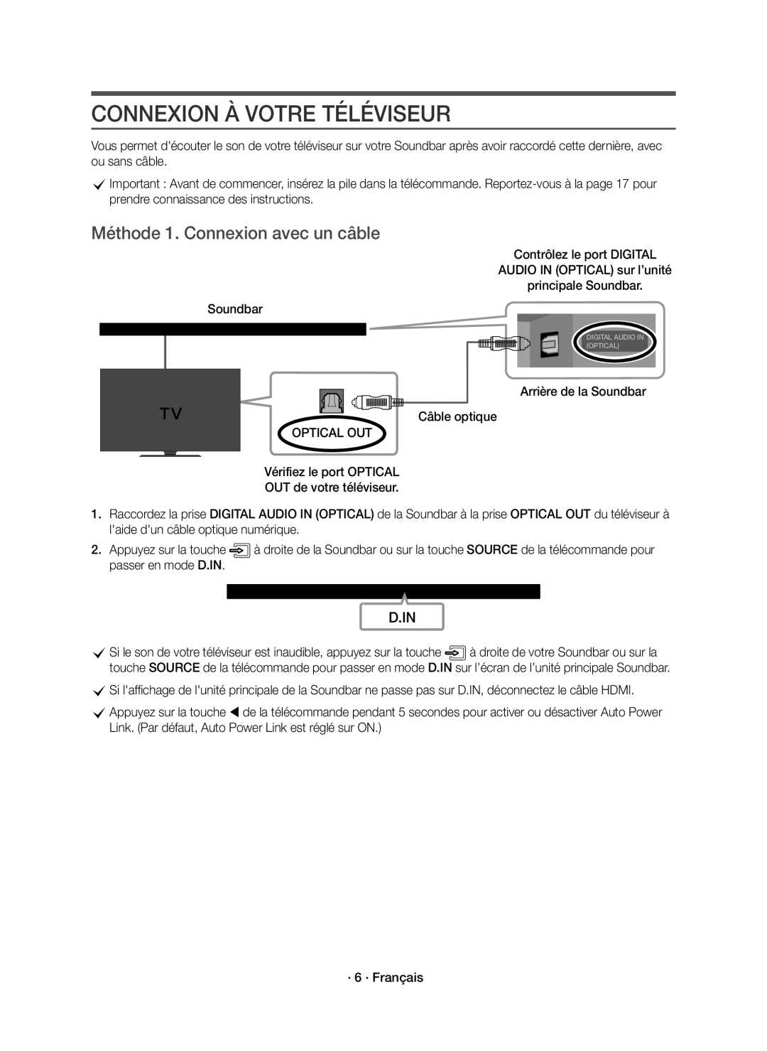 Samsung HW-K651/ZF Connexion À Votre Téléviseur, Méthode 1. Connexion avec un câble, Arrière de la Soundbar Câble optique 