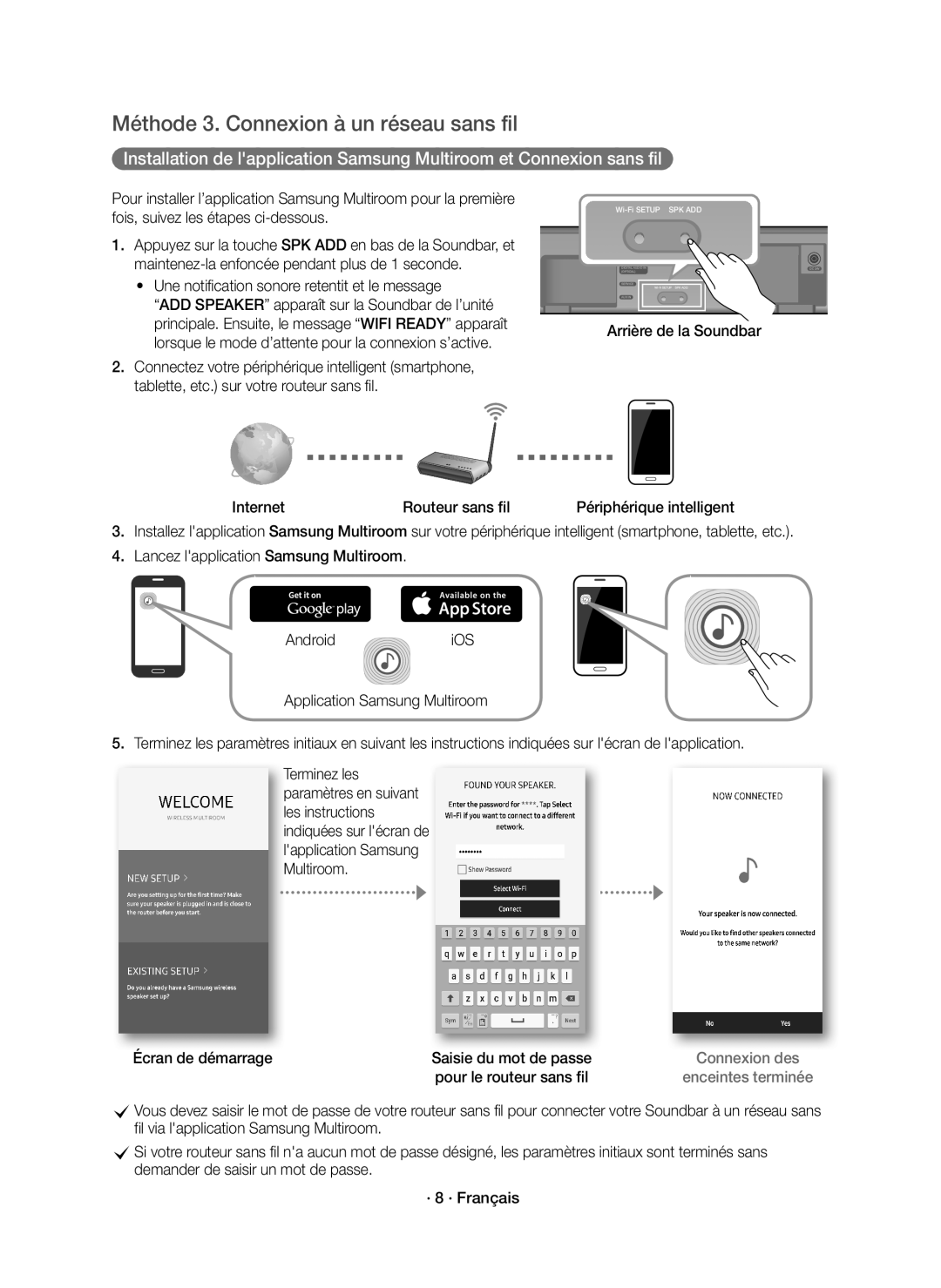 Samsung HW-K651/ZF, HW-K650/ZF Méthode 3. Connexion à un réseau sans fil, Une notification sonore retentit et le message 