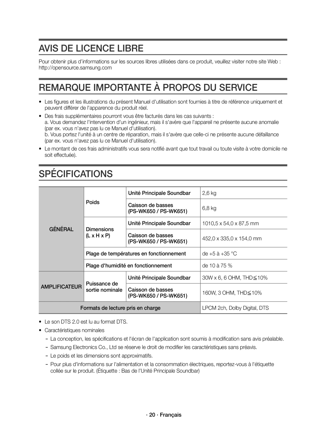 Samsung HW-K651/ZF manual Avis DE Licence Libre, Remarque Importante À Propos DU Service, Spécifications, Amplificateur 