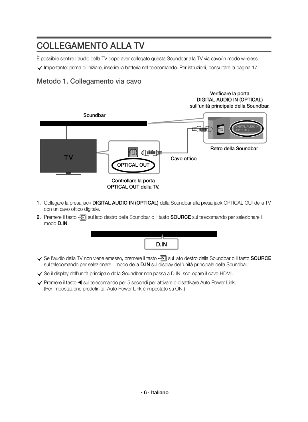 Samsung HW-K651/ZF, HW-K650/ZF manual Collegamento Alla TV, Metodo 1. Collegamento via cavo, Digital Audio in Optical 