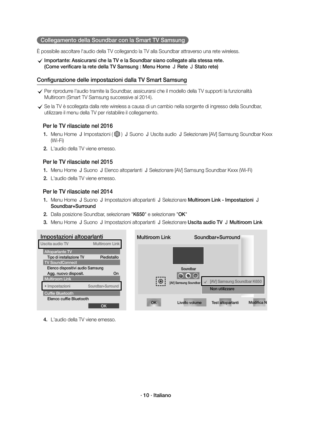 Samsung HW-K651/ZF, HW-K650/ZF manual Collegamento della Soundbar con la Smart TV Samsung, Multiroom Link 