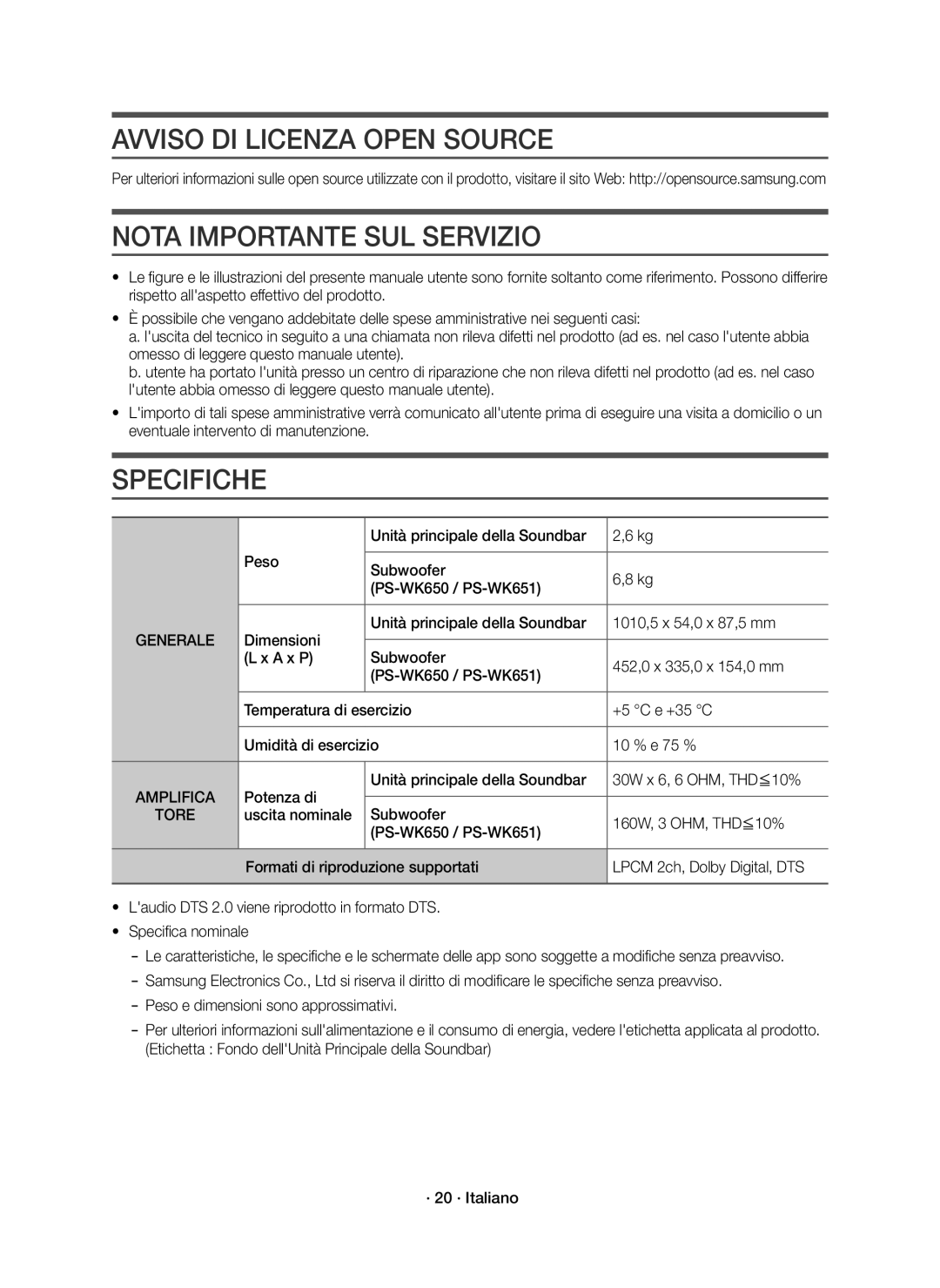 Samsung HW-K651/ZF, HW-K650/ZF manual Avviso DI Licenza Open Source, Nota Importante SUL Servizio, Specifiche 