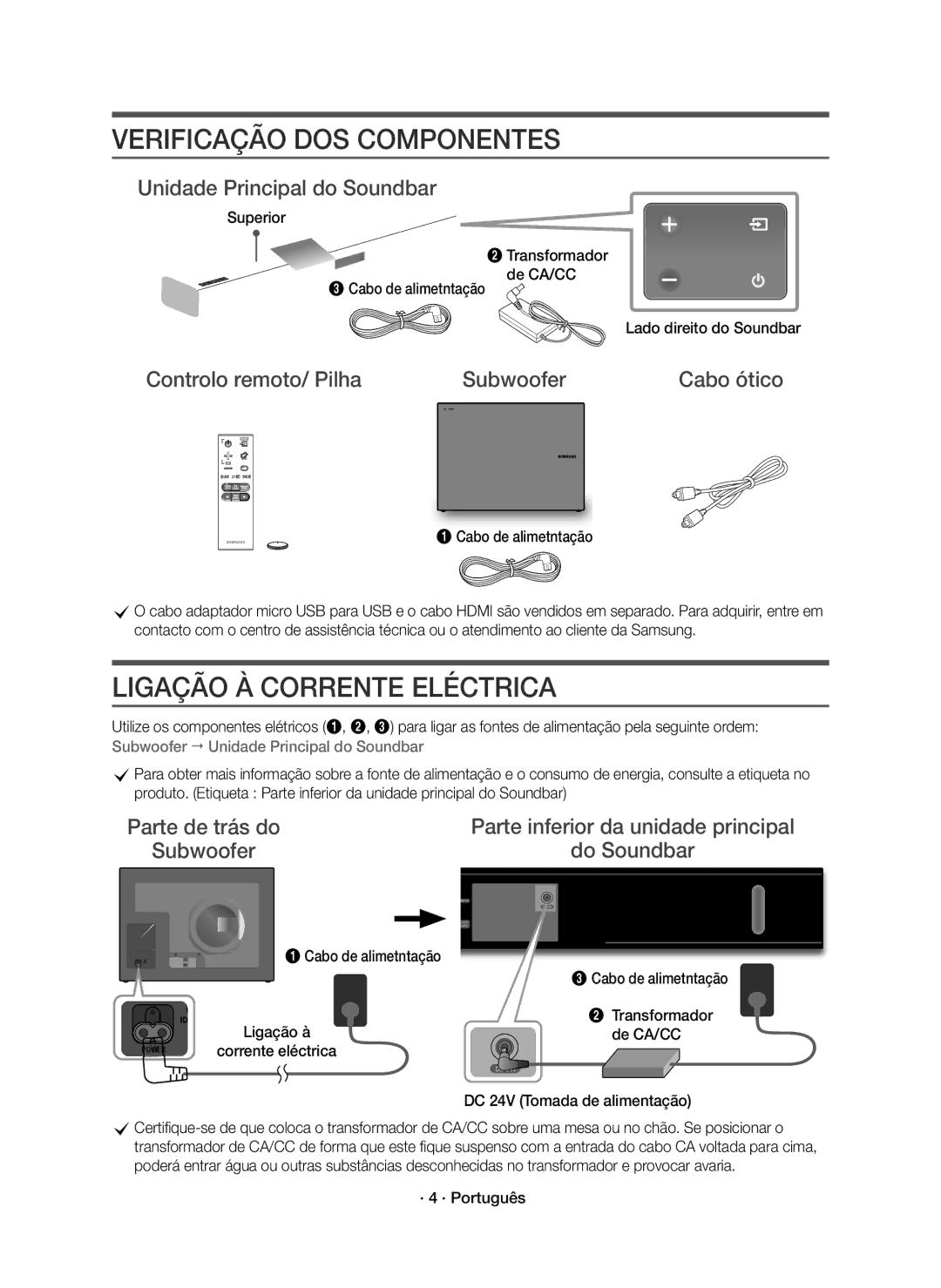 Samsung HW-K651/ZF manual Controlo remoto/ Pilha Subwoofer Cabo ótico, Superior, De CA/CC, DC 24V Tomada de alimentação 