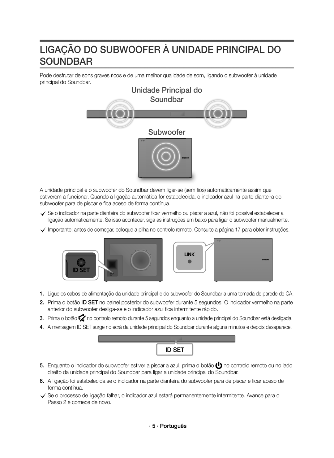 Samsung HW-K650/ZF manual Ligação do Subwoofer À Unidade Principal do Soundbar, Unidade Principal do Soundbar Subwoofer 