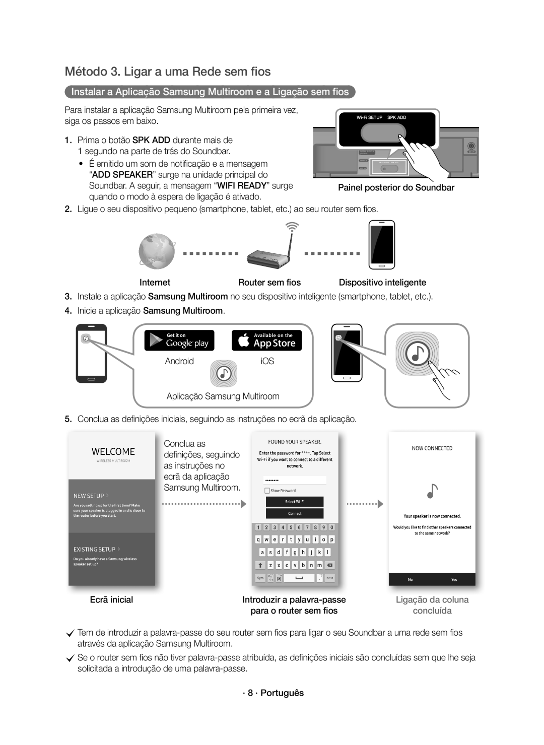 Samsung HW-K651/ZF manual Método 3. Ligar a uma Rede sem fios, Instalar a Aplicação Samsung Multiroom e a Ligação sem fios 