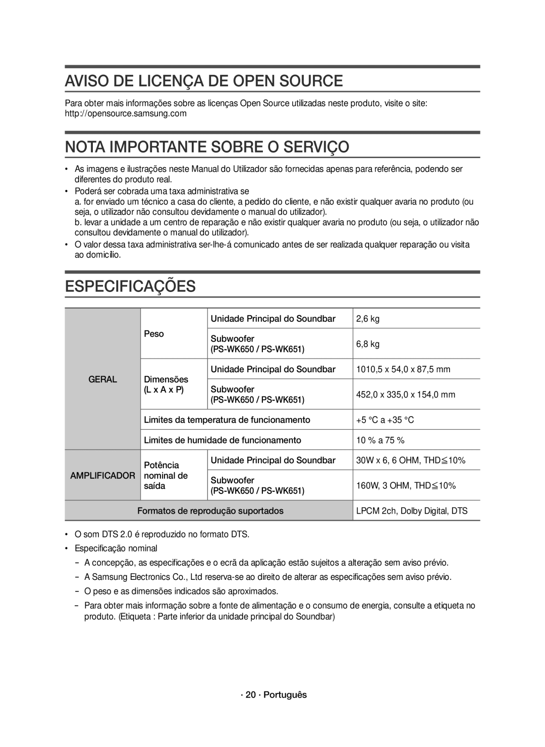 Samsung HW-K651/ZF manual Aviso DE Licença DE Open Source, Nota Importante Sobre O Serviço, Especificações, Amplificador 