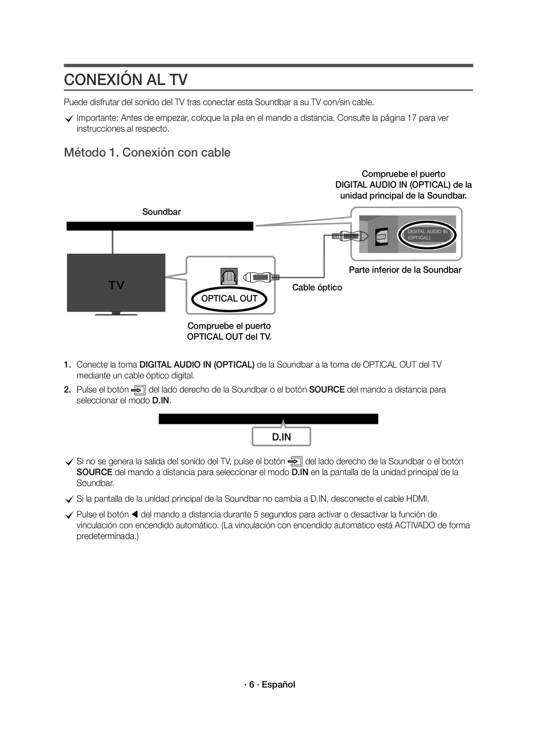 Samsung HW-K651/ZF, HW-K650/ZF manual Conexión AL TV, Método 1. Conexión con cable, Compruebe el puerto 