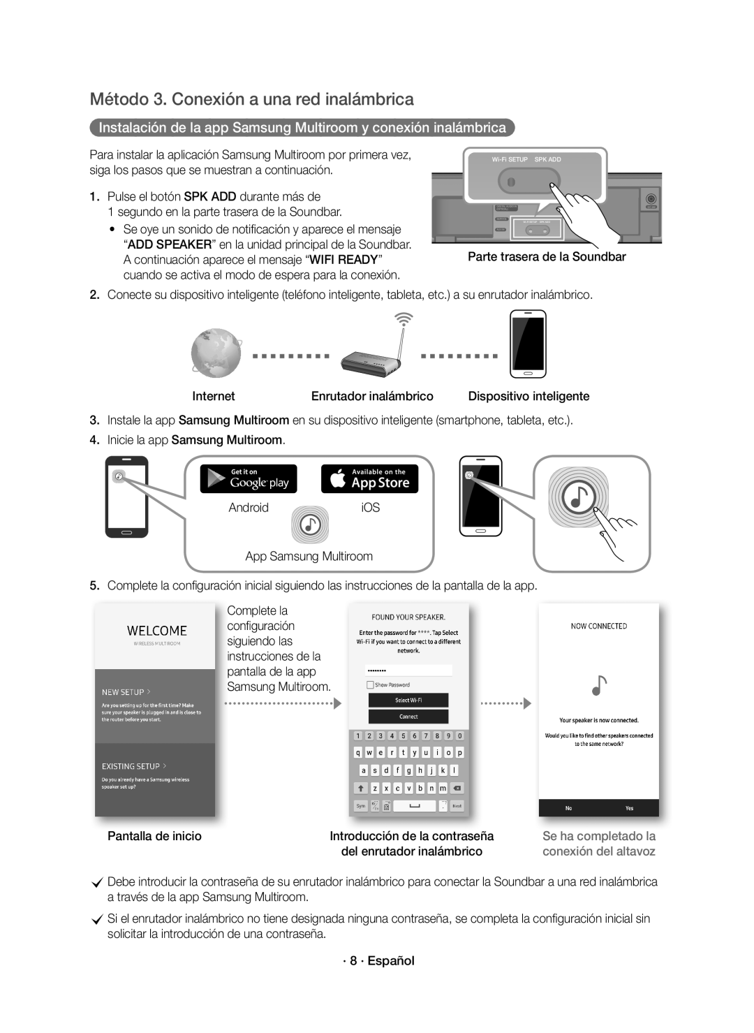 Samsung HW-K651/ZF, HW-K650/ZF manual Método 3. Conexión a una red inalámbrica, Pantalla de inicio 